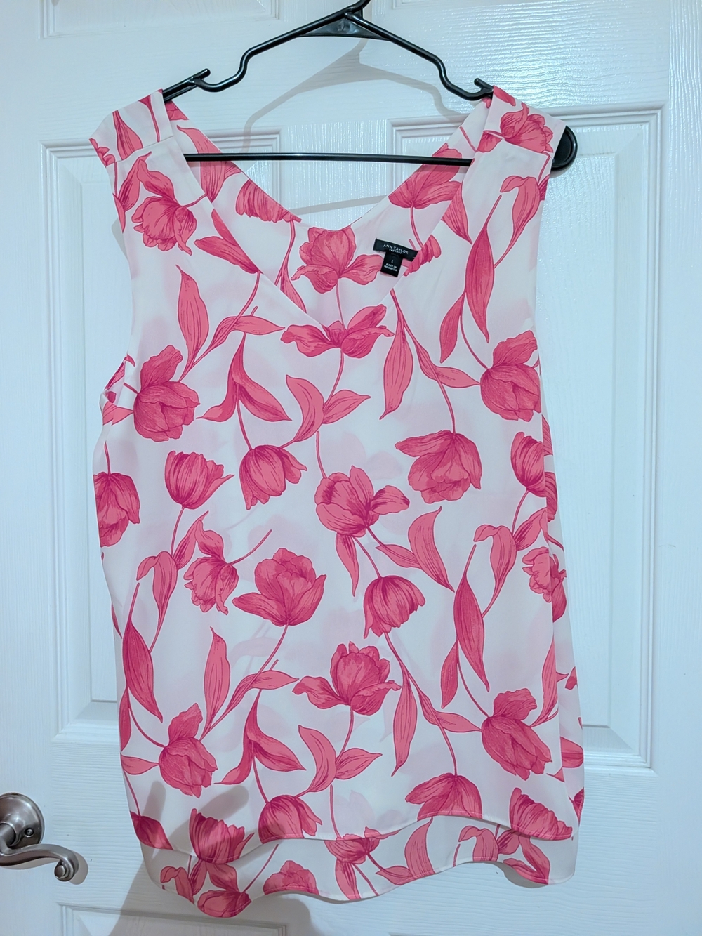 Ann Taylor White Shell Top with Hot Pink Floral Print